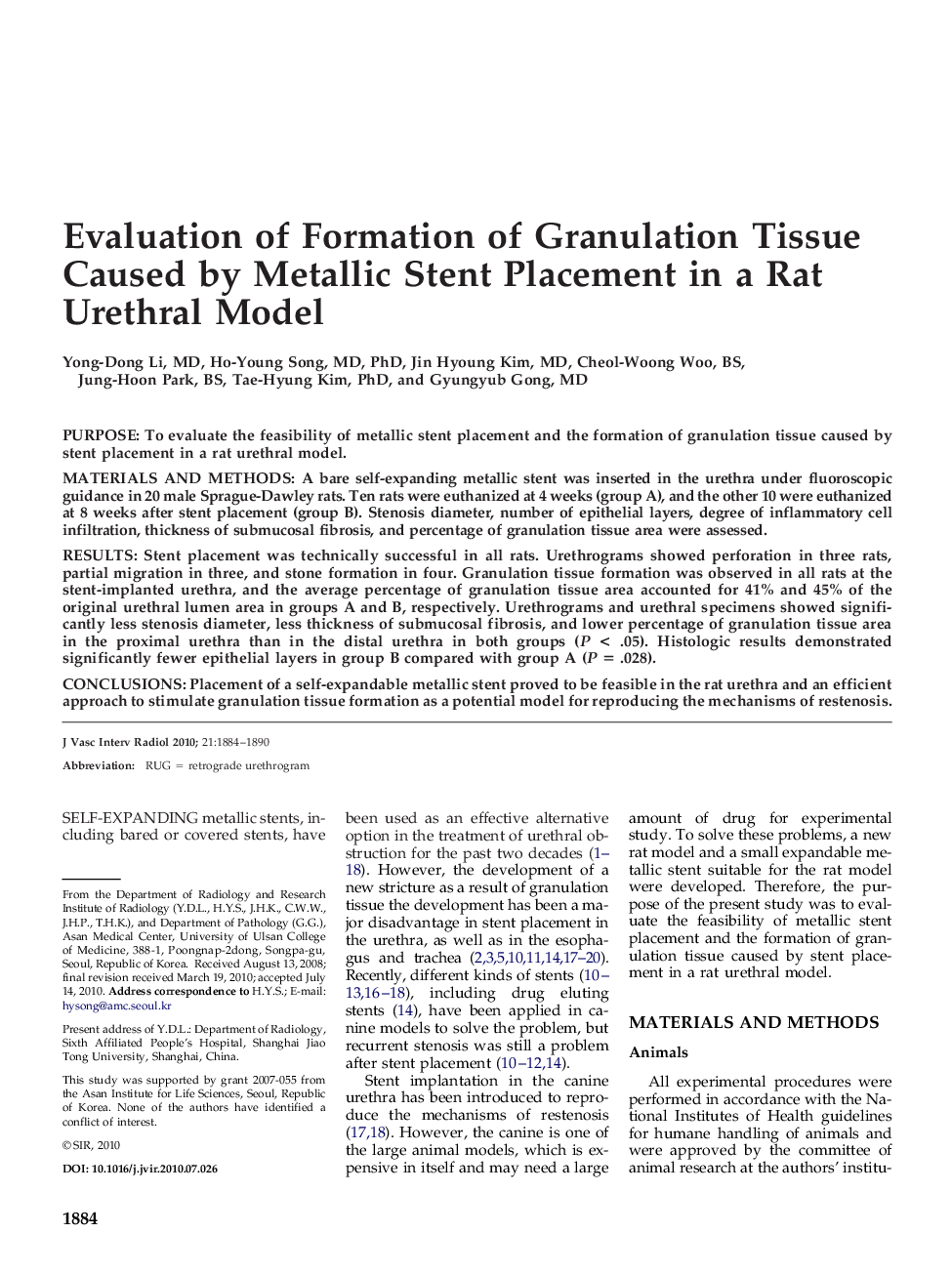 Evaluation of Formation of Granulation Tissue Caused by Metallic Stent Placement in a Rat Urethral Model