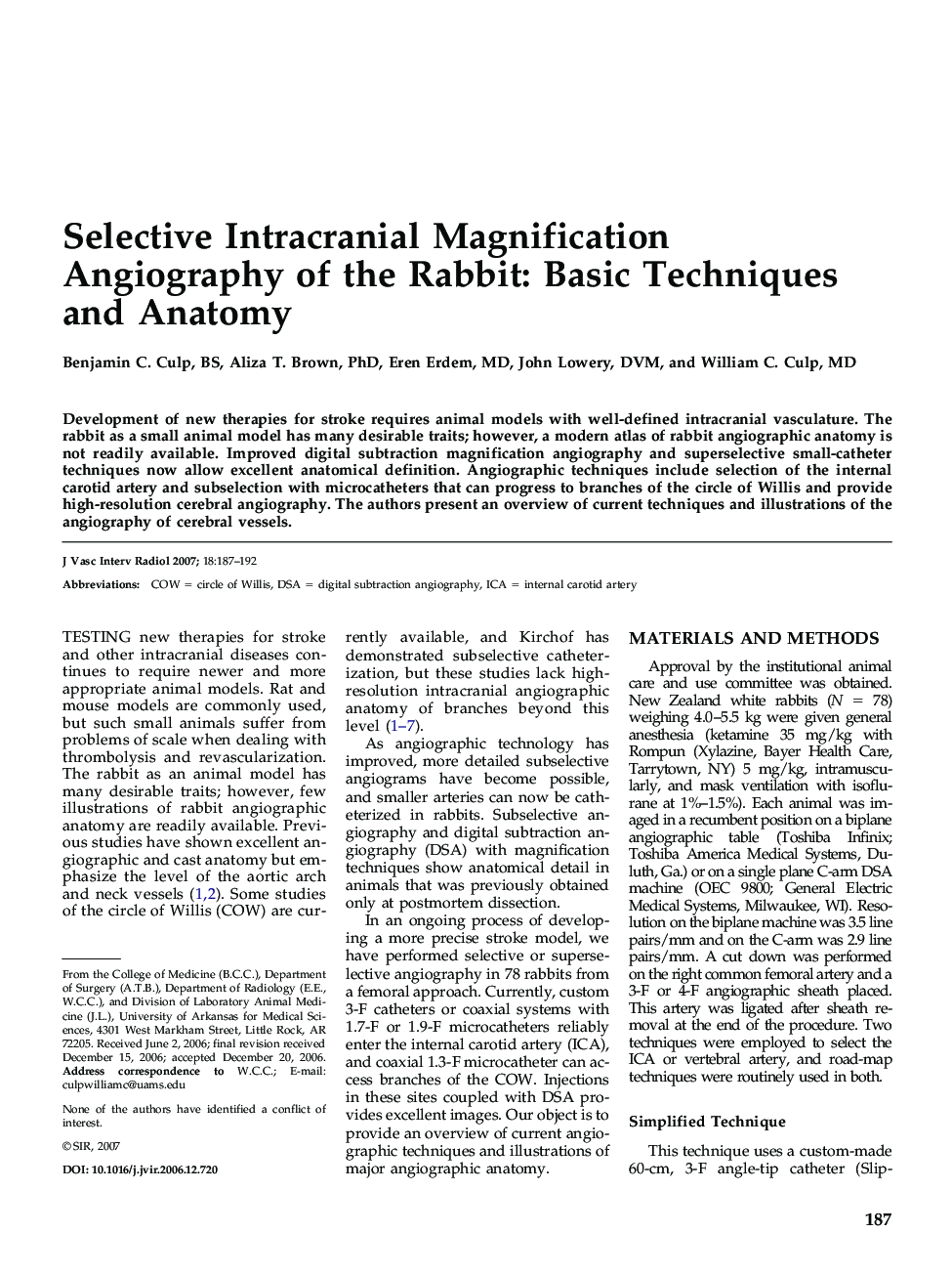 Selective Intracranial Magnification Angiography of the Rabbit: Basic Techniques and Anatomy