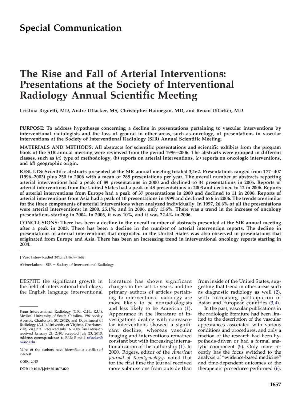 The Rise and Fall of Arterial Interventions: Presentations at the Society of Interventional Radiology Annual Scientific Meeting