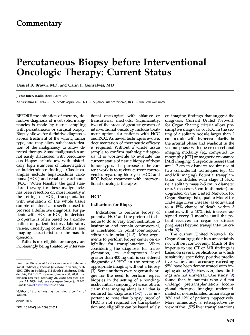 Percutaneous Biopsy before Interventional Oncologic Therapy: Current Status