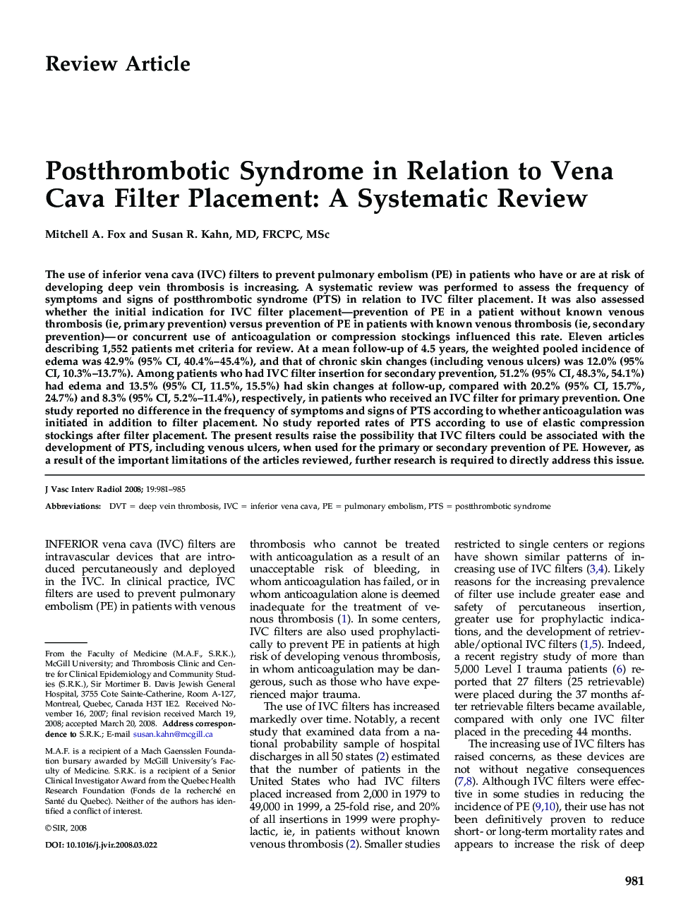 Postthrombotic Syndrome in Relation to Vena Cava Filter Placement: A Systematic Review