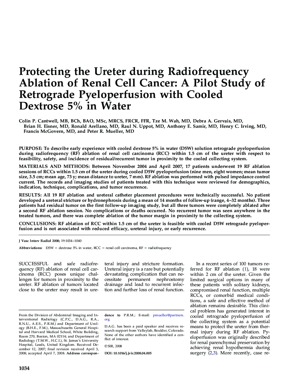 Protecting the Ureter during Radiofrequency Ablation of Renal Cell Cancer: A Pilot Study of Retrograde Pyeloperfusion with Cooled Dextrose 5% in Water