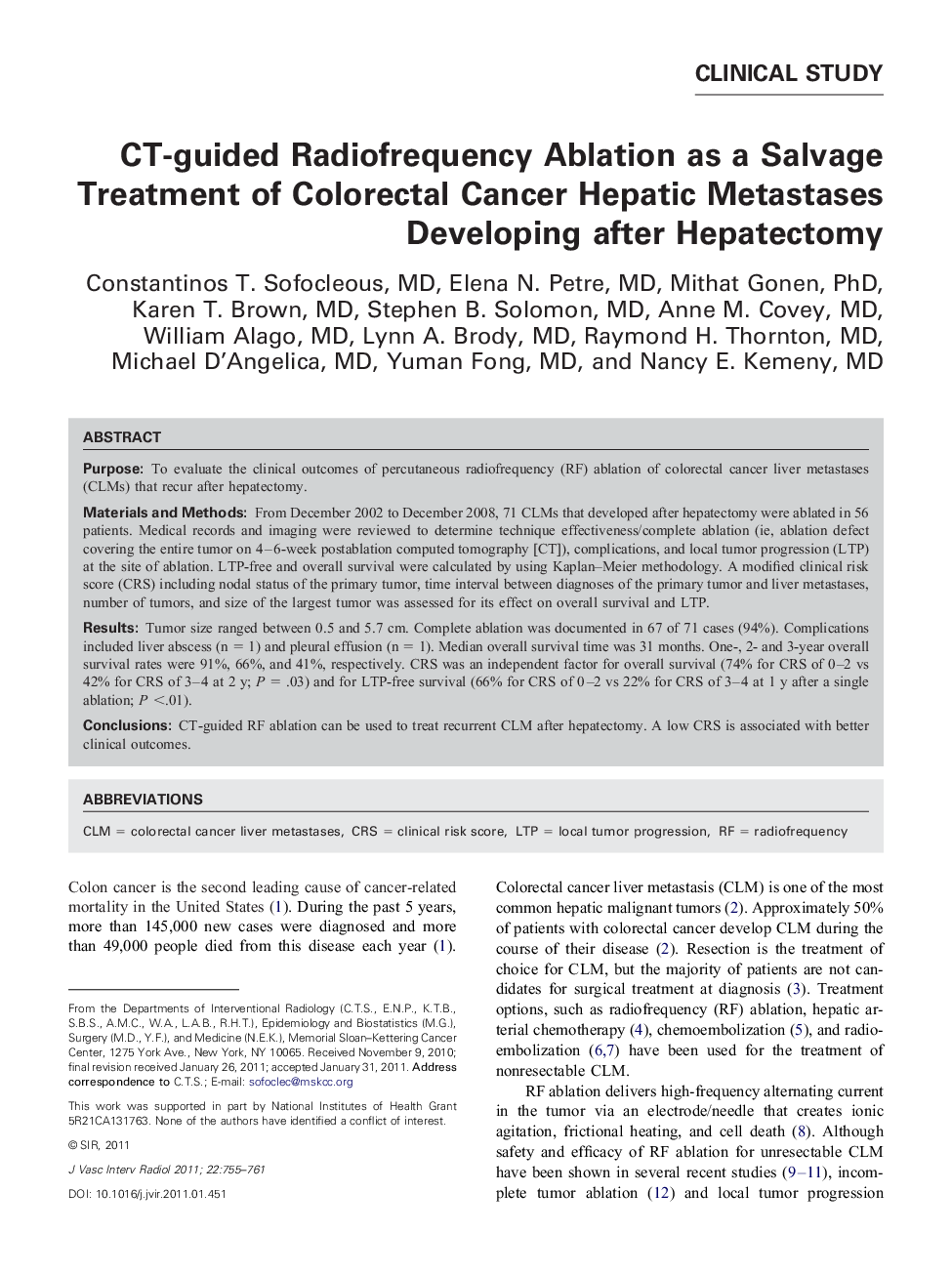 CT-guided Radiofrequency Ablation as a Salvage Treatment of Colorectal Cancer Hepatic Metastases Developing after Hepatectomy