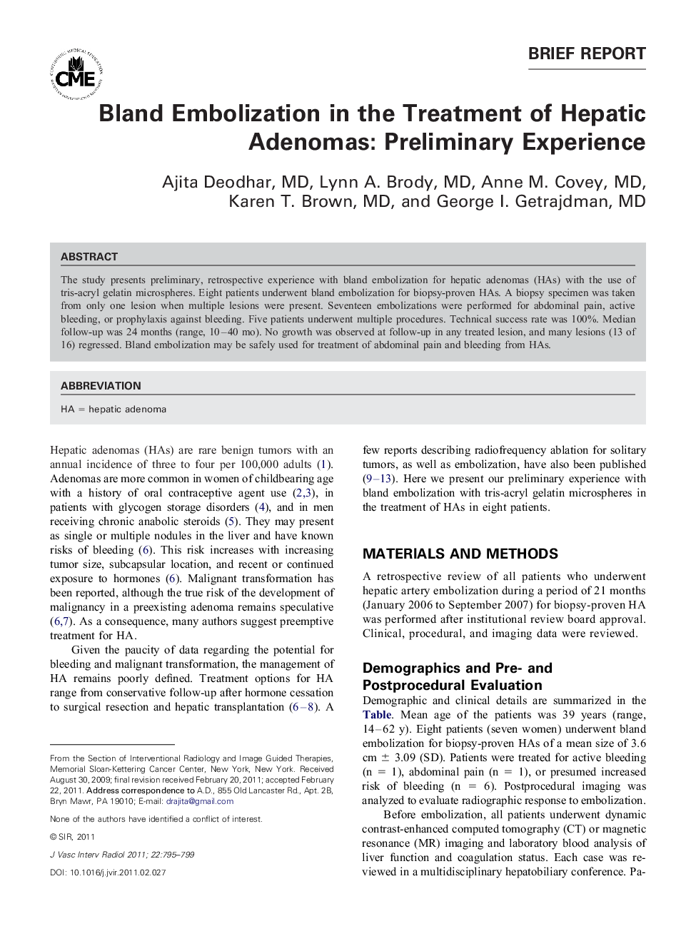 Bland Embolization in the Treatment of Hepatic Adenomas: Preliminary Experience