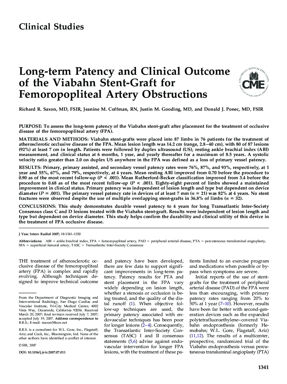 Long-term Patency and Clinical Outcome of the Viabahn Stent-Graft for Femoropopliteal Artery Obstructions