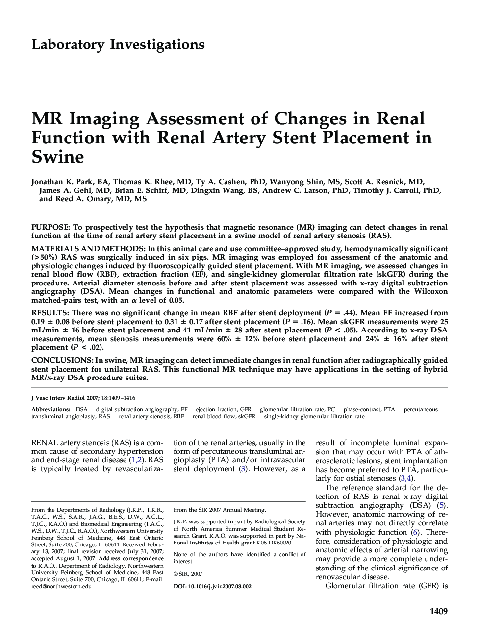 MR Imaging Assessment of Changes in Renal Function with Renal Artery Stent Placement in Swine