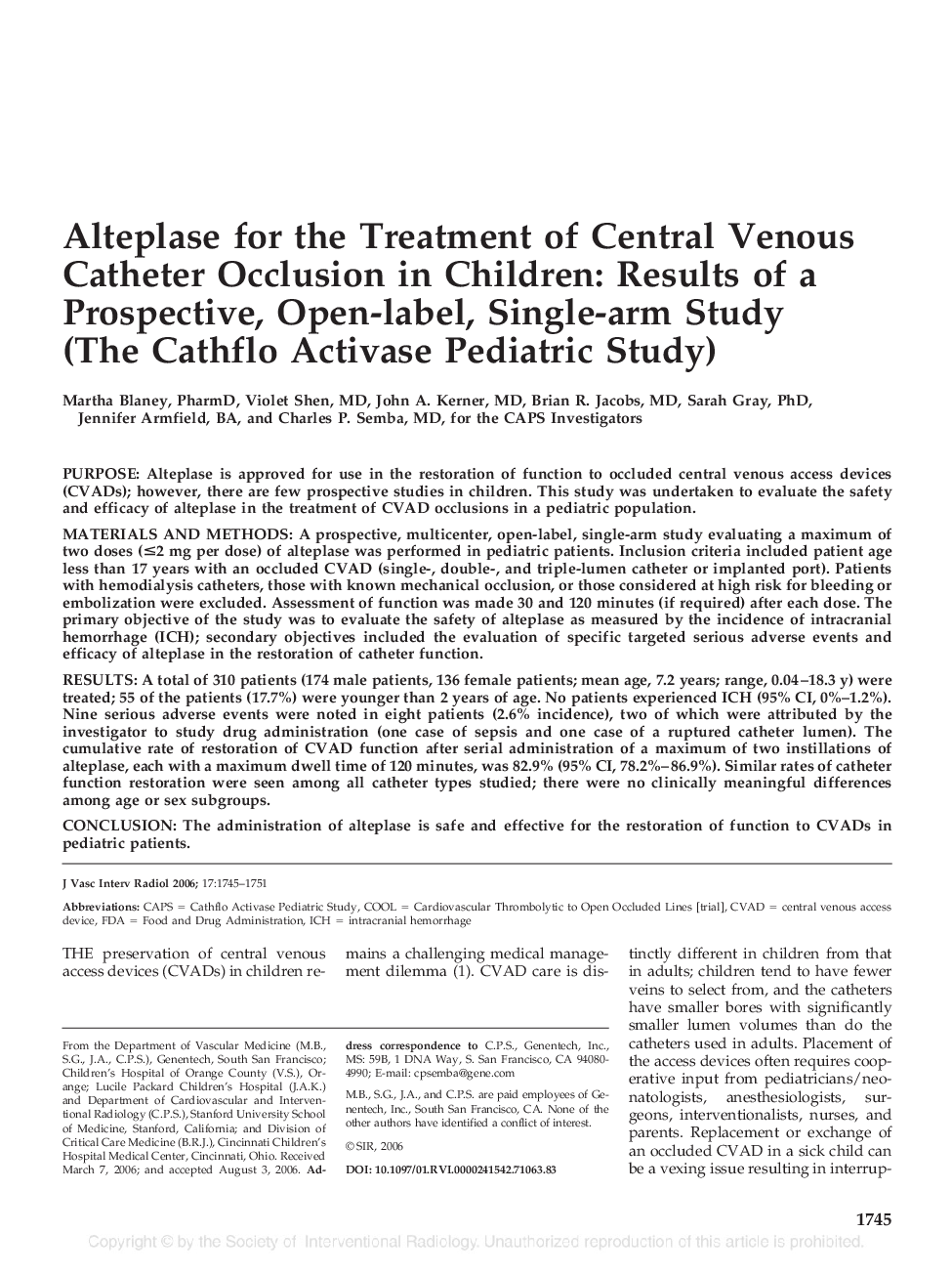 Alteplase for the Treatment of Central Venous Catheter Occlusion in Children: Results of a Prospective, Open-label, Single-arm Study (The Cathflo Activase Pediatric Study)