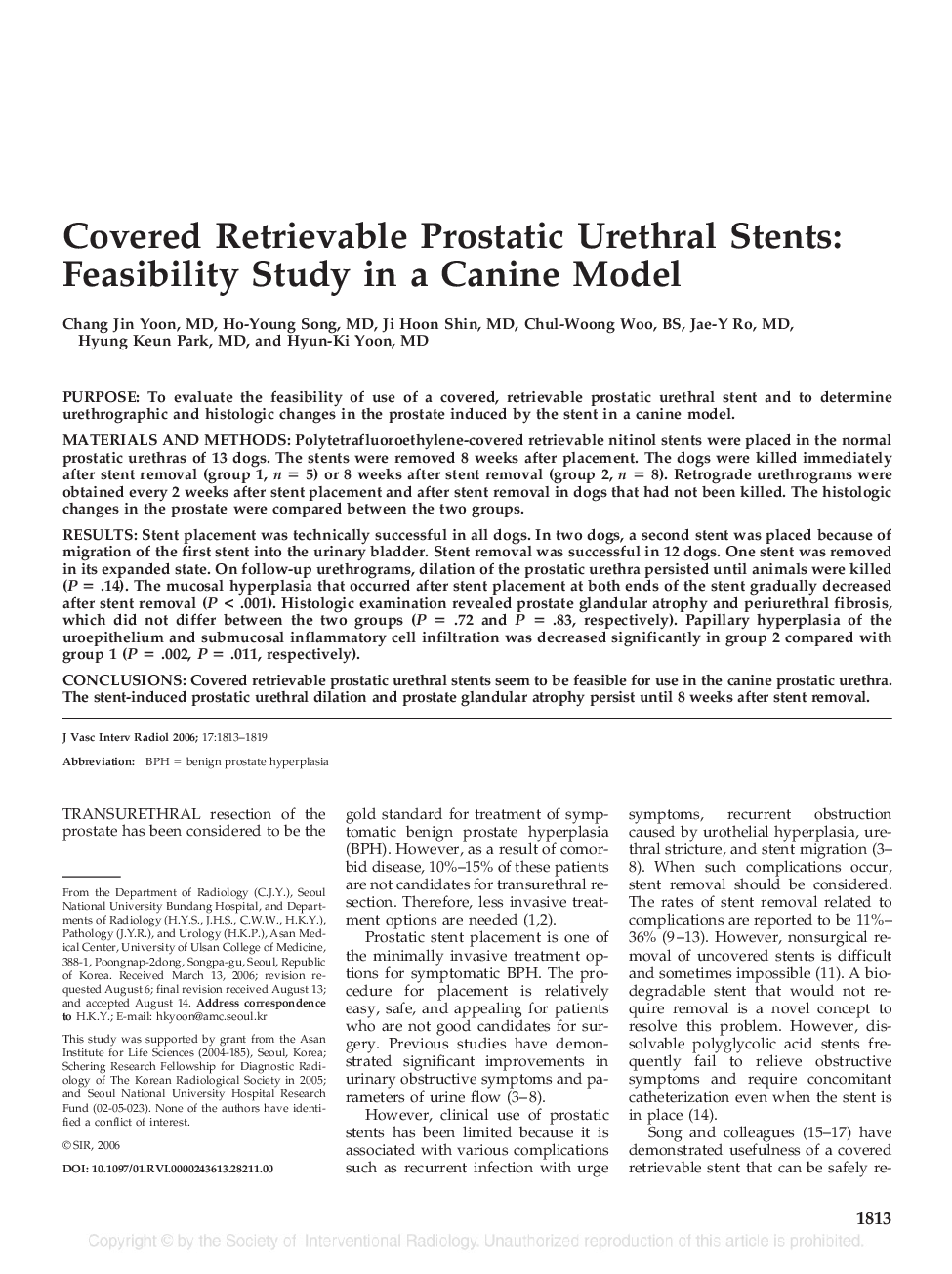 Covered Retrievable Prostatic Urethral Stents: Feasibility Study in a Canine Model