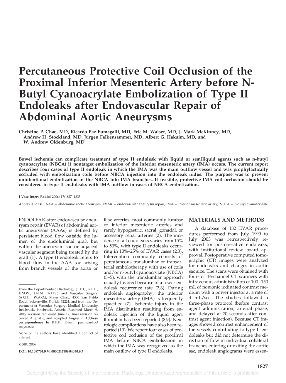 عکس صفحه اول مقاله: Percutaneous Protective Coil Occlusion of the Proximal Inferior Mesenteric Artery before N-Butyl Cyanoacrylate Embolization of Type II Endoleaks after Endovascular Repair of Abdominal Aortic Aneurysms Percutaneous Protective Coil Occlusion of the Proximal Inferior Mesenteric Artery before N-Butyl Cyanoacrylate Embolization of Type II Endoleaks after Endovascular Repair of Abdominal Aortic Aneurysms