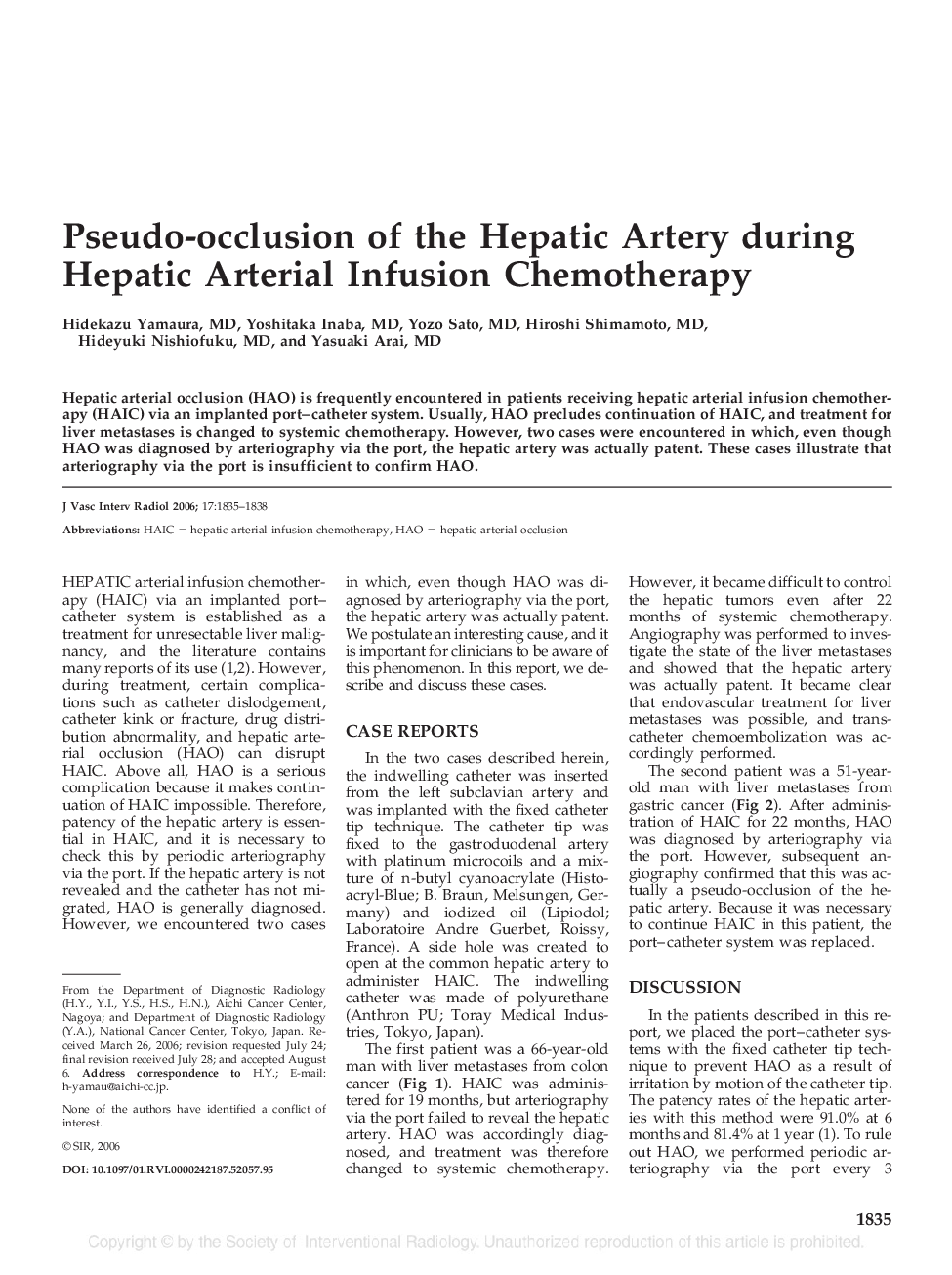 Pseudo-occlusion of the Hepatic Artery during Hepatic Arterial Infusion Chemotherapy