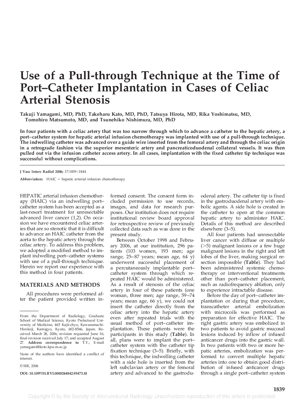 Use of a Pull-through Technique at the Time of Port-Catheter Implantation in Cases of Celiac Arterial Stenosis