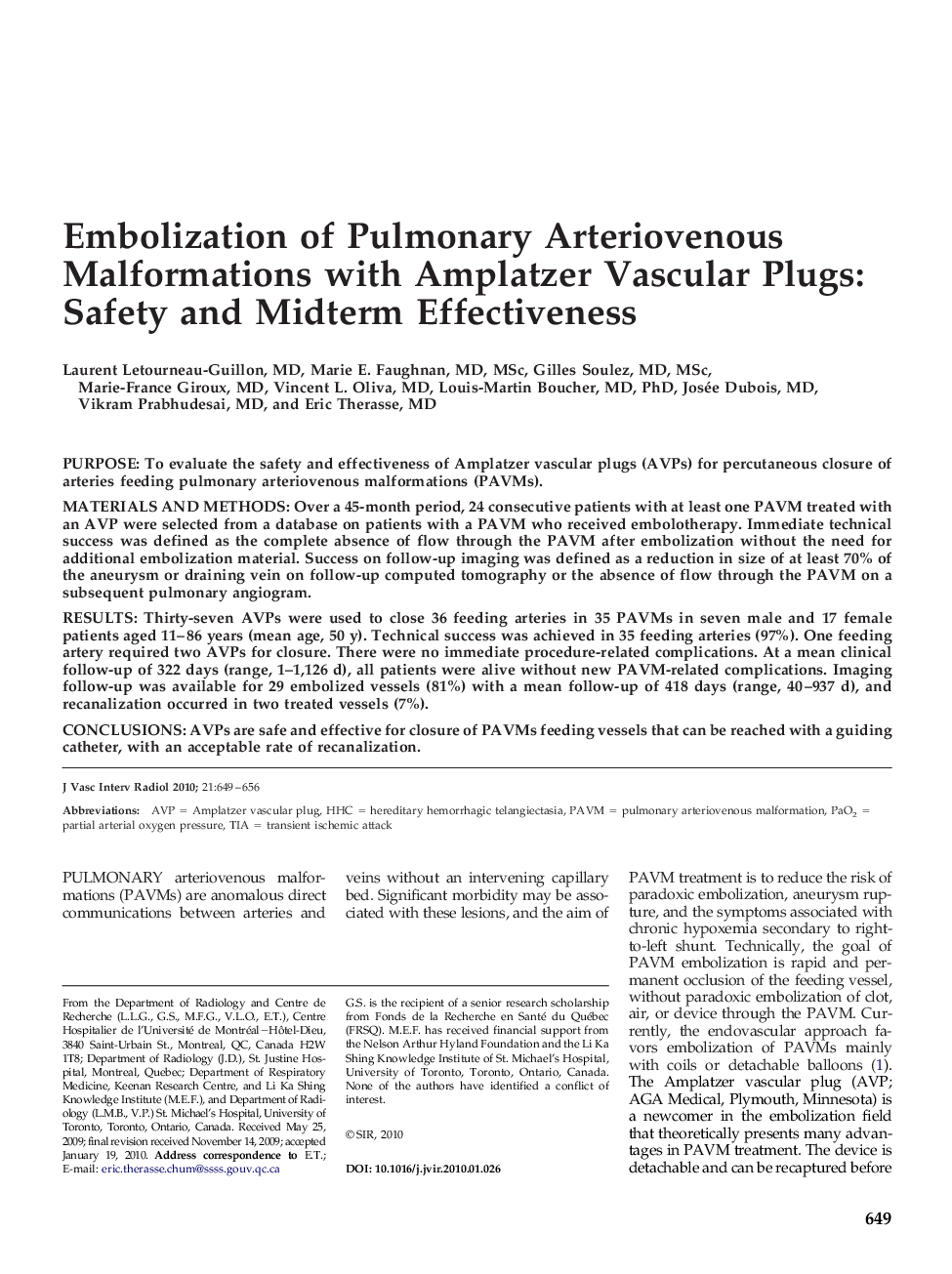 Embolization of Pulmonary Arteriovenous Malformations with Amplatzer Vascular Plugs: Safety and Midterm Effectiveness