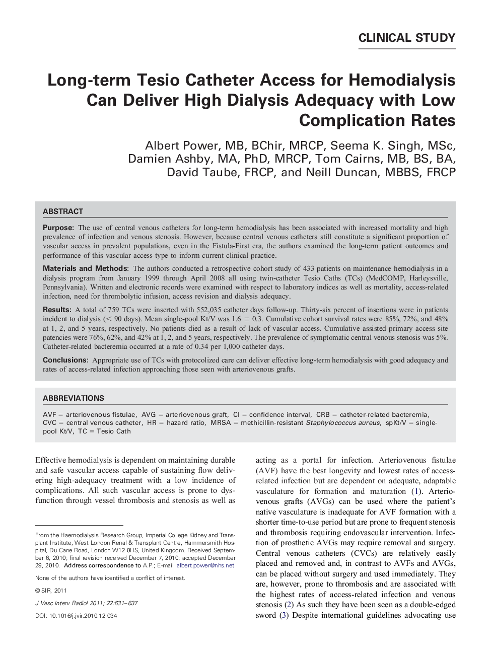Long-term Tesio Catheter Access for Hemodialysis Can Deliver High Dialysis Adequacy with Low Complication Rates