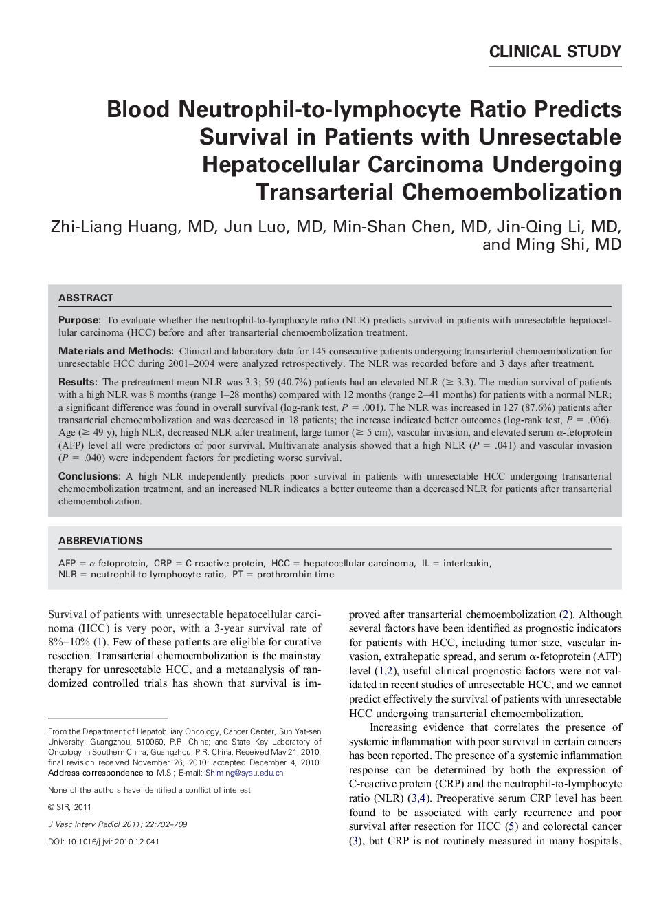 Blood Neutrophil-to-lymphocyte Ratio Predicts Survival in Patients with Unresectable Hepatocellular Carcinoma Undergoing Transarterial Chemoembolization