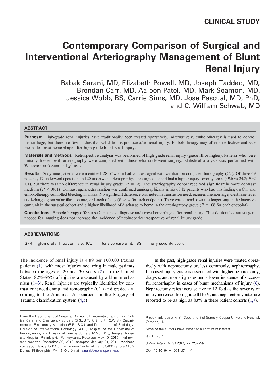 Contemporary Comparison of Surgical and Interventional Arteriography Management of Blunt Renal Injury