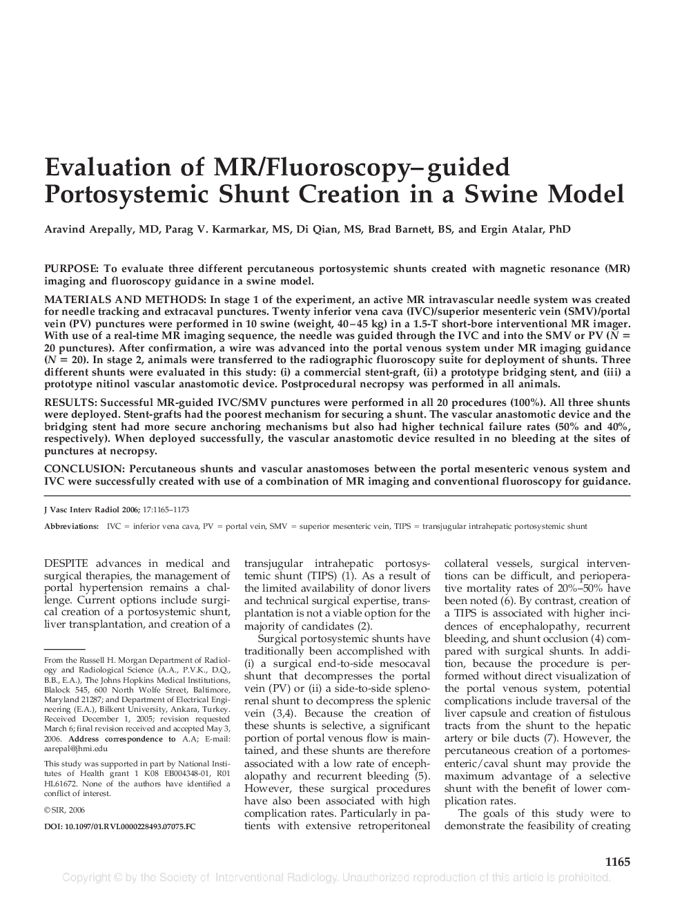 Evaluation of MR/Fluoroscopy-guided Portosystemic Shunt Creation in a Swine Model