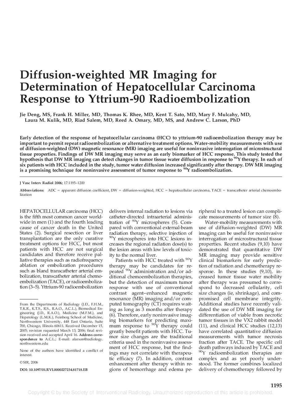 Diffusion-weighted MR Imaging for Determination of Hepatocellular Carcinoma Response to Yttrium-90 Radioembolization