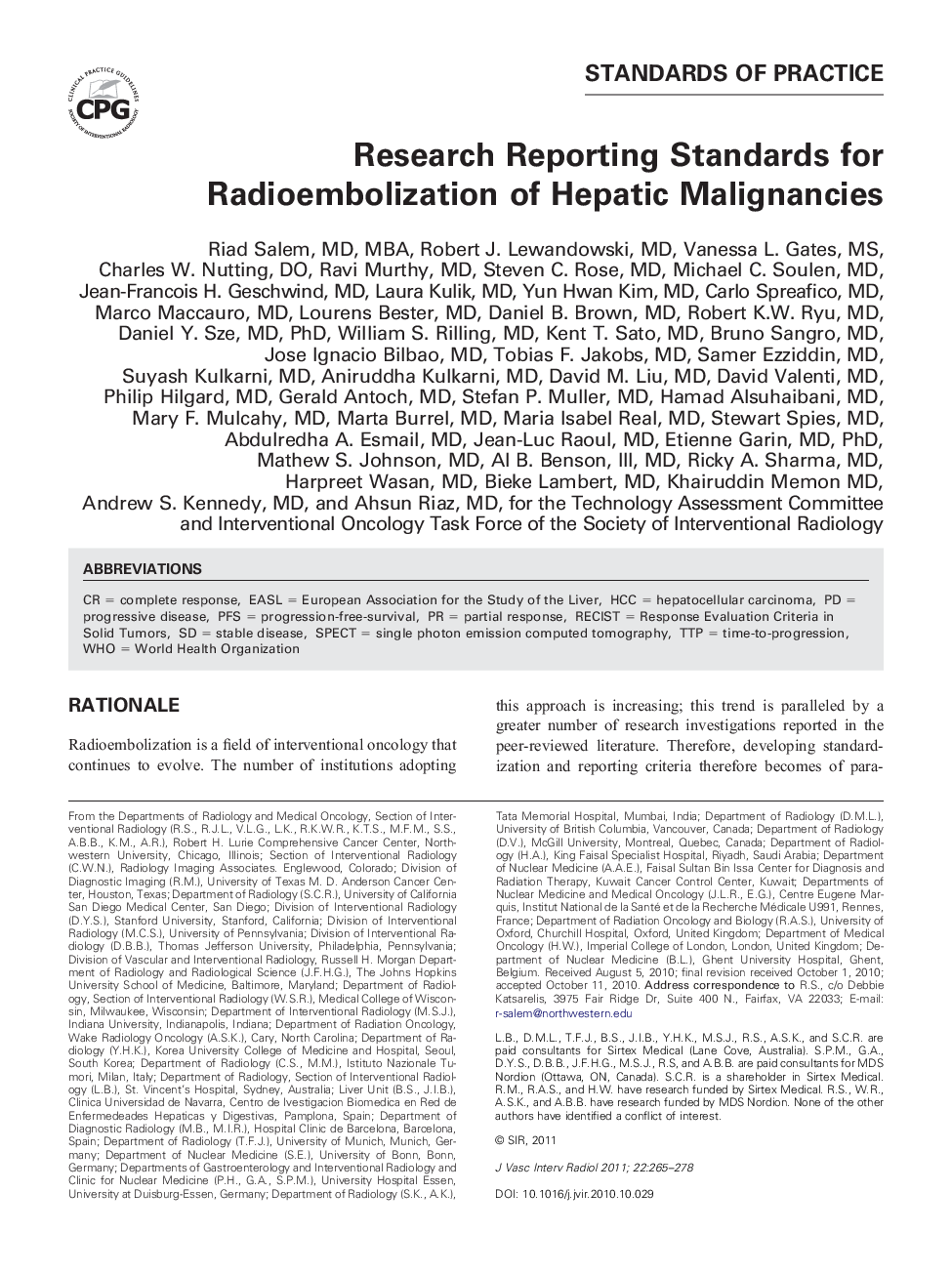 Research Reporting Standards for Radioembolization of Hepatic Malignancies