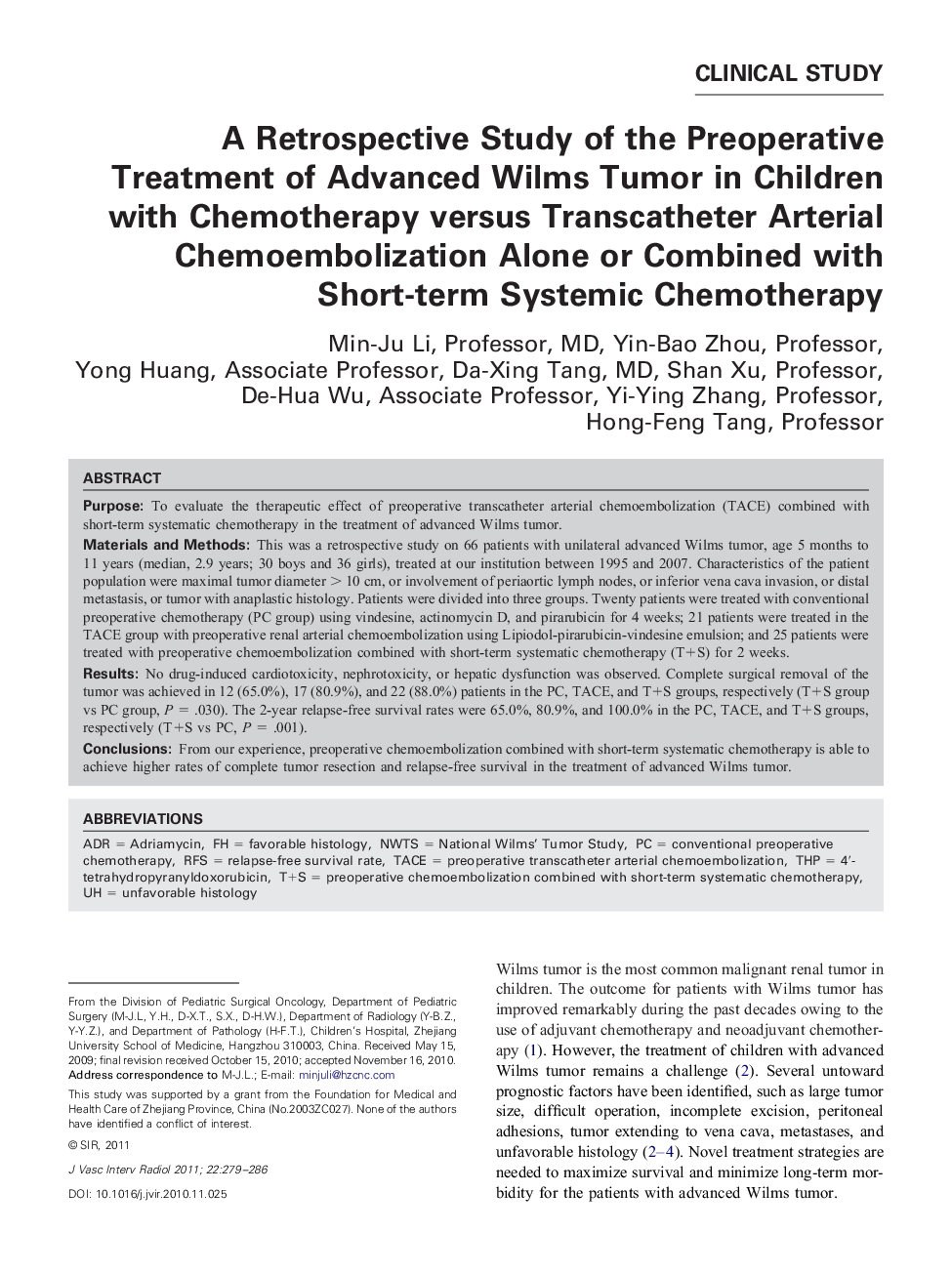 A Retrospective Study of the Preoperative Treatment of Advanced Wilms Tumor in Children with Chemotherapy versus Transcatheter Arterial Chemoembolization Alone or Combined with Short-term Systemic Chemotherapy