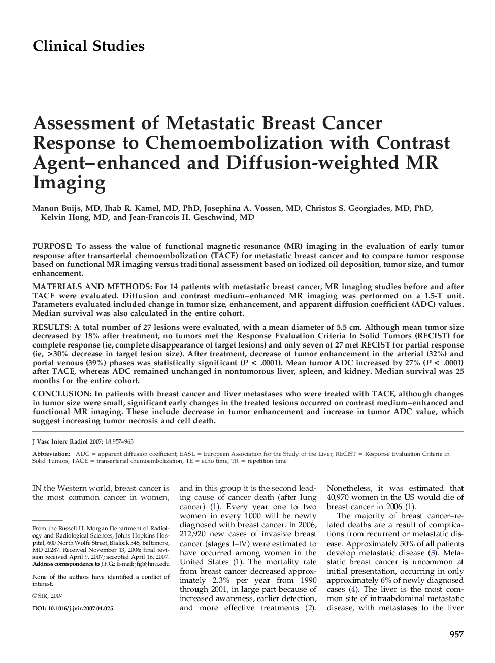 Assessment of Metastatic Breast Cancer Response to Chemoembolization with Contrast Agent-enhanced and Diffusion-weighted MR Imaging