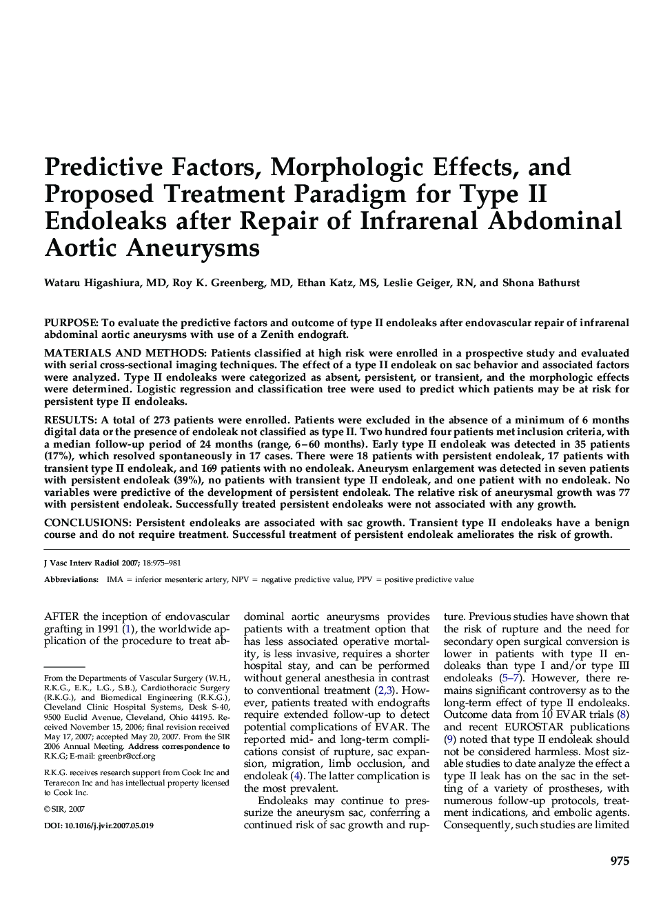 Predictive Factors, Morphologic Effects, and Proposed Treatment Paradigm for Type II Endoleaks after Repair of Infrarenal Abdominal Aortic Aneurysms