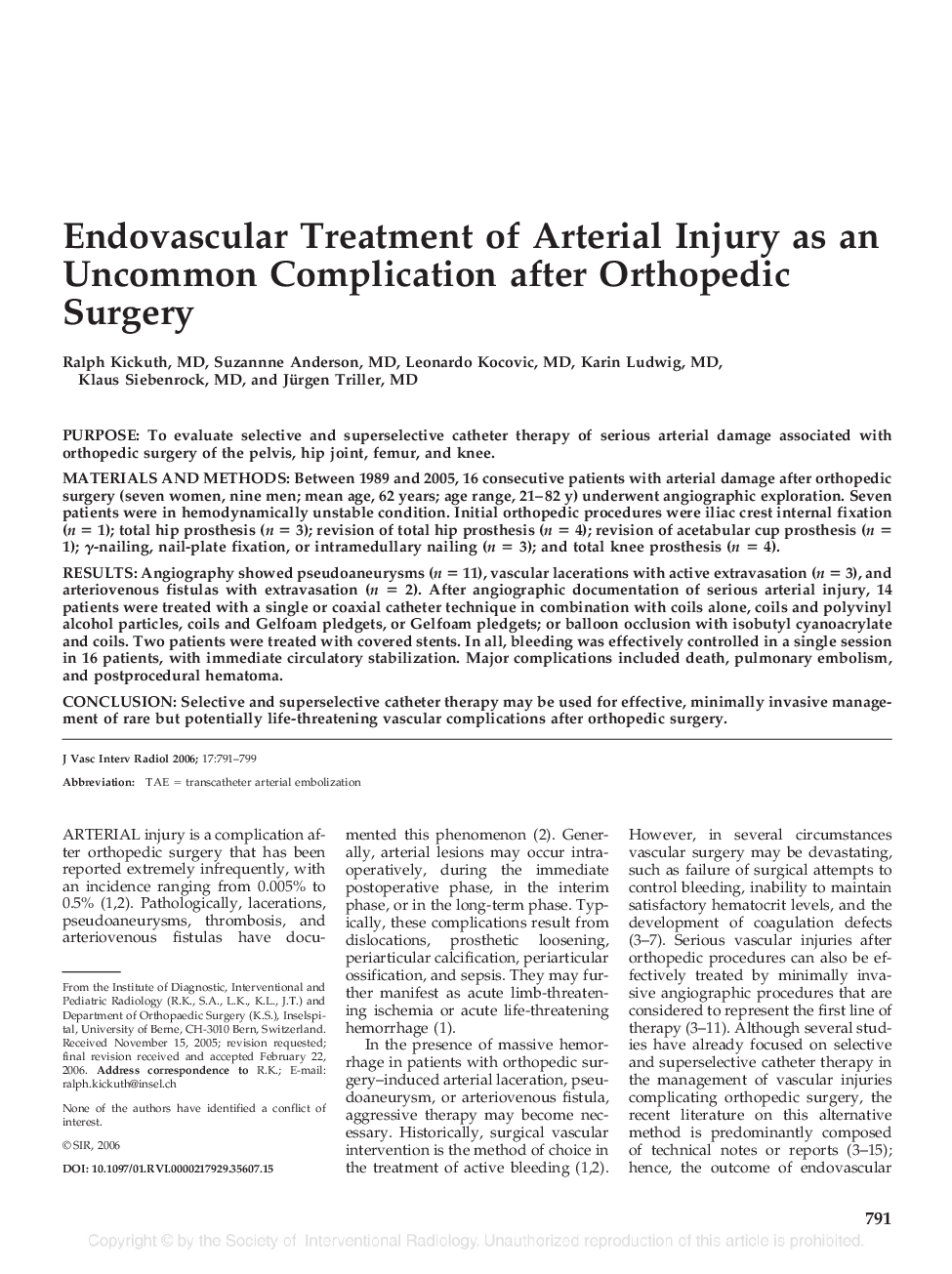 Endovascular Treatment of Arterial Injury as an Uncommon Complication after Orthopedic Surgery