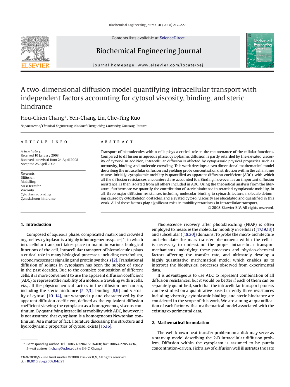 A two-dimensional diffusion model quantifying intracellular transport with independent factors accounting for cytosol viscosity, binding, and steric hindrance