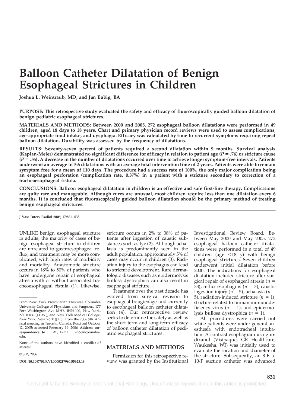 Balloon Catheter Dilatation of Benign Esophageal Strictures in Children