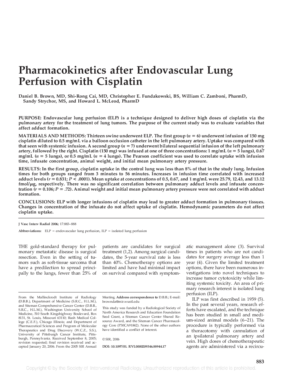 Pharmacokinetics after Endovascular Lung Perfusion with Cisplatin