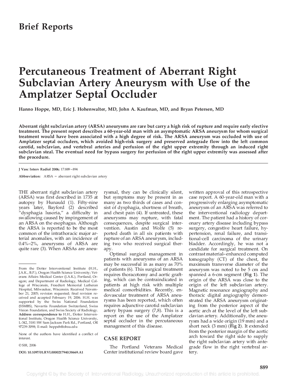 Percutaneous Treatment of Aberrant Right Subclavian Artery Aneurysm with Use of the Amplatzer Septal Occluder