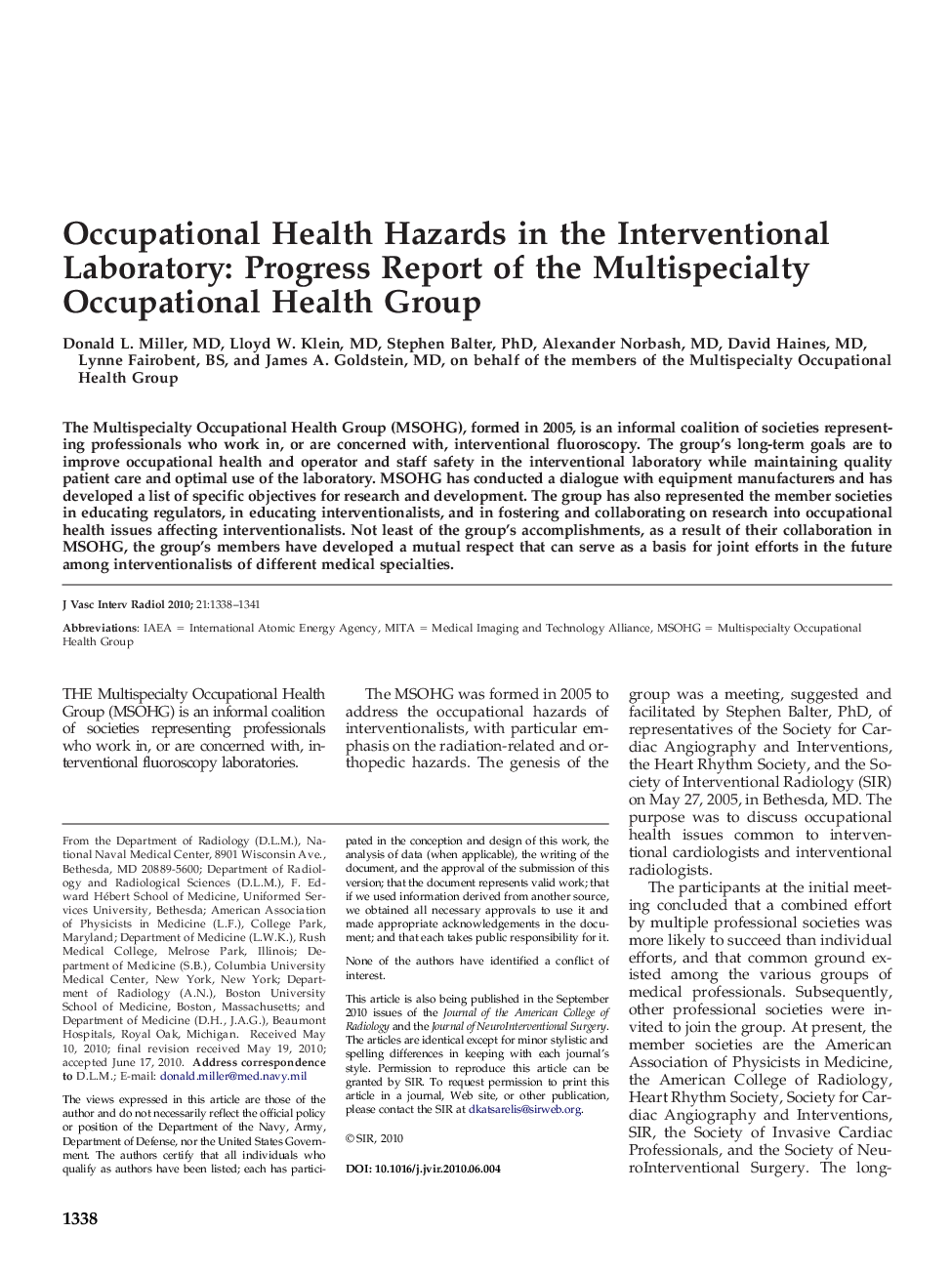 Occupational Health Hazards in the Interventional Laboratory: Progress Report of the Multispecialty Occupational Health Group