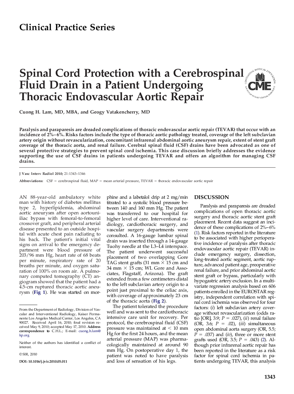 Spinal Cord Protection with a Cerebrospinal Fluid Drain in a Patient Undergoing Thoracic Endovascular Aortic Repair