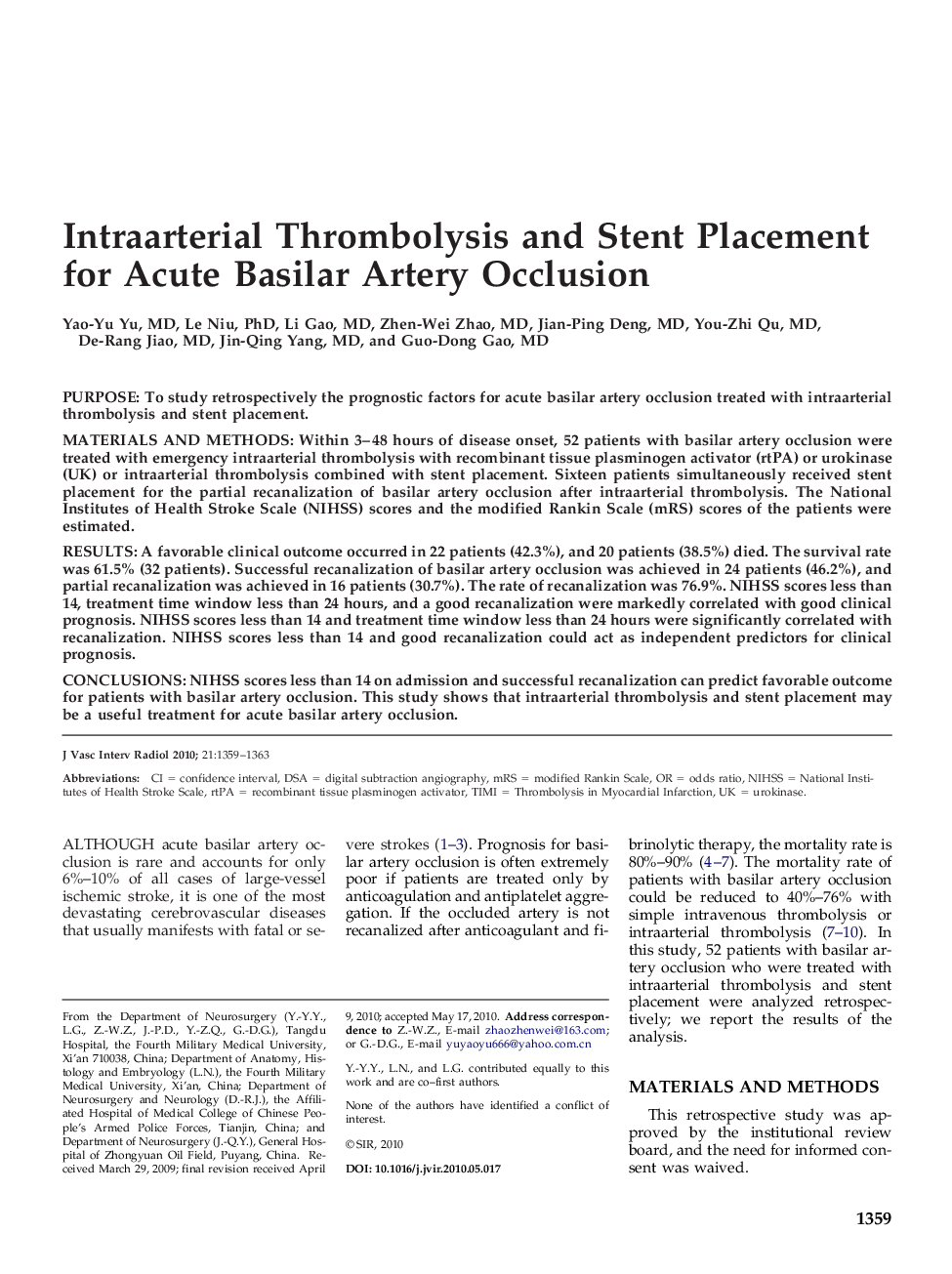 Intraarterial Thrombolysis and Stent Placement for Acute Basilar Artery Occlusion