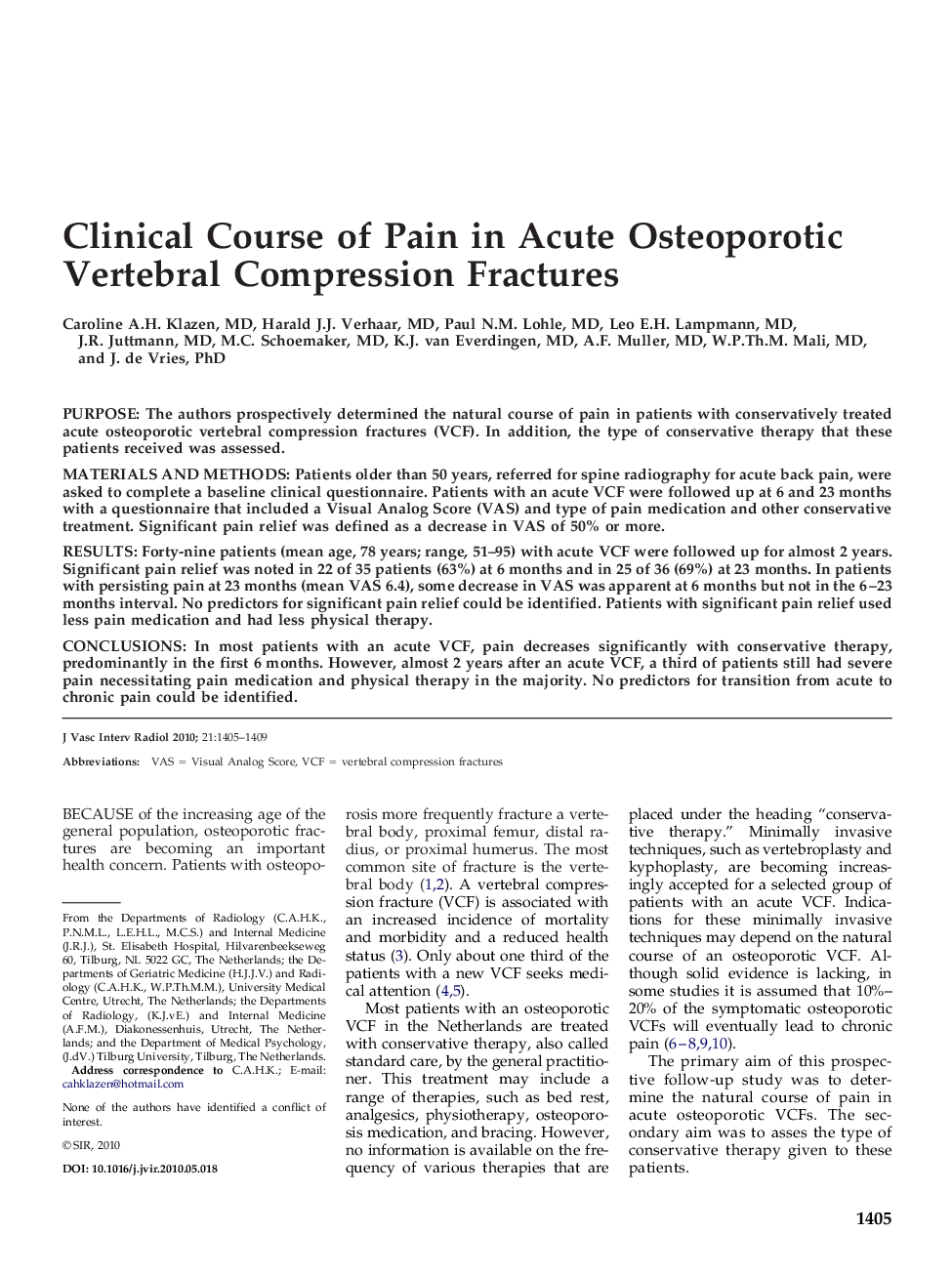 Clinical Course of Pain in Acute Osteoporotic Vertebral Compression Fractures