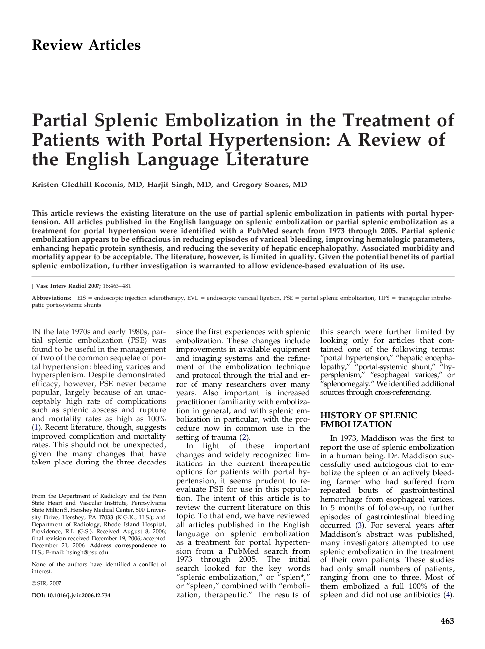 Partial Splenic Embolization in the Treatment of Patients with Portal Hypertension: A Review of the English Language Literature