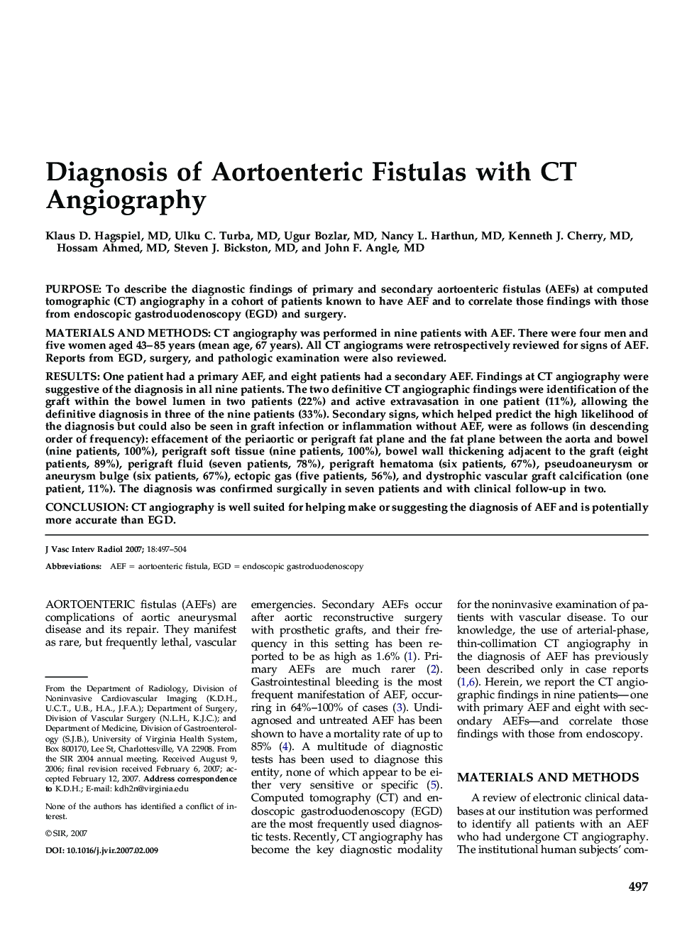 Diagnosis of Aortoenteric Fistulas with CT Angiography