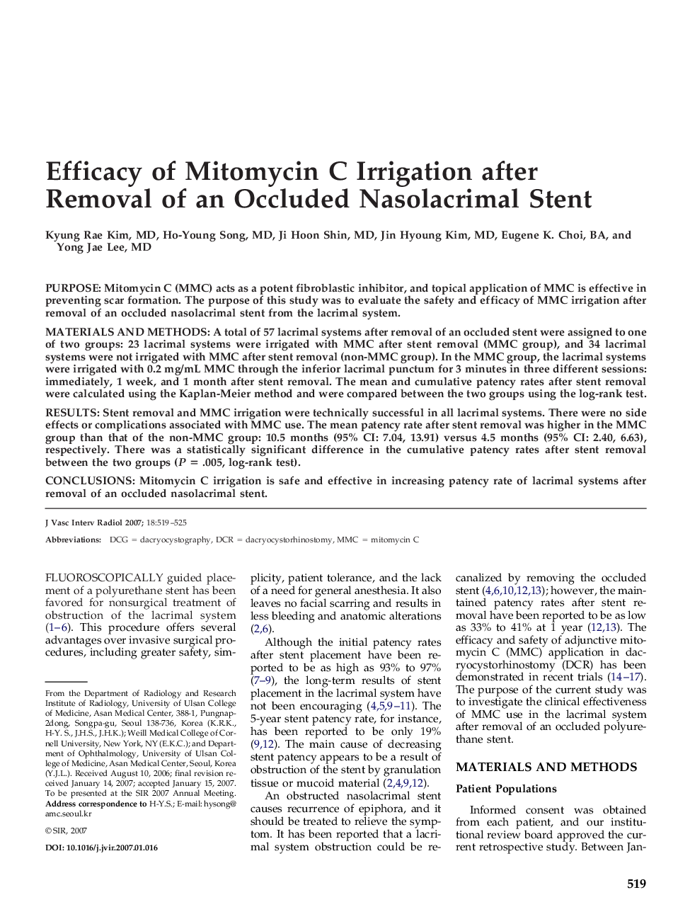 Efficacy of Mitomycin C Irrigation after Removal of an Occluded Nasolacrimal Stent