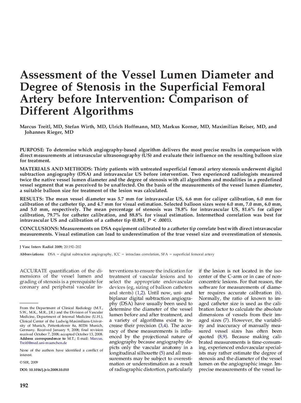 Assessment of the Vessel Lumen Diameter and Degree of Stenosis in the Superficial Femoral Artery before Intervention: Comparison of Different Algorithms