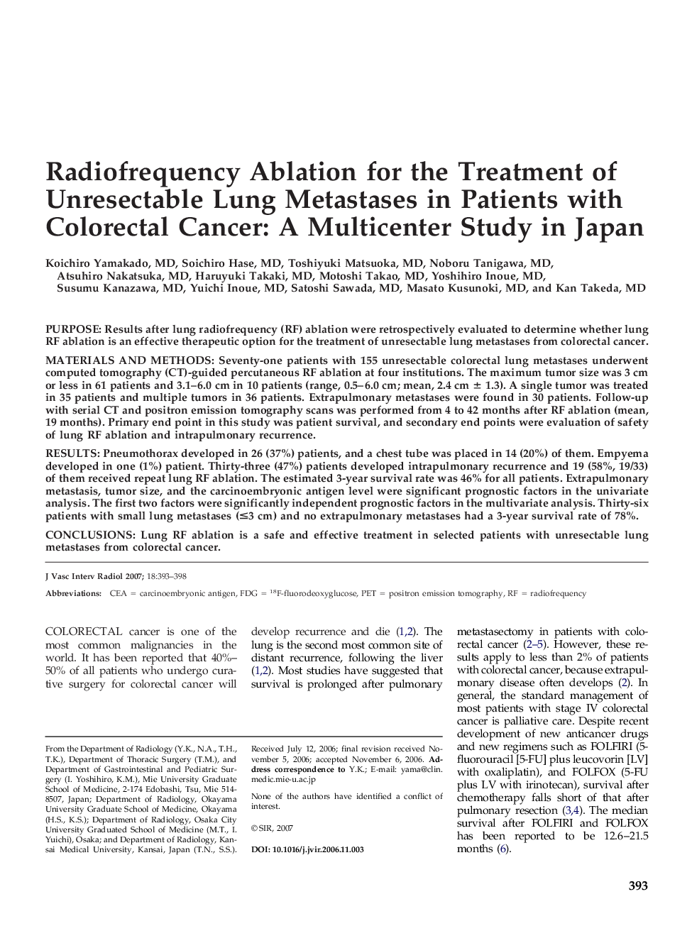 Radiofrequency Ablation for the Treatment of Unresectable Lung Metastases in Patients with Colorectal Cancer: A Multicenter Study in Japan