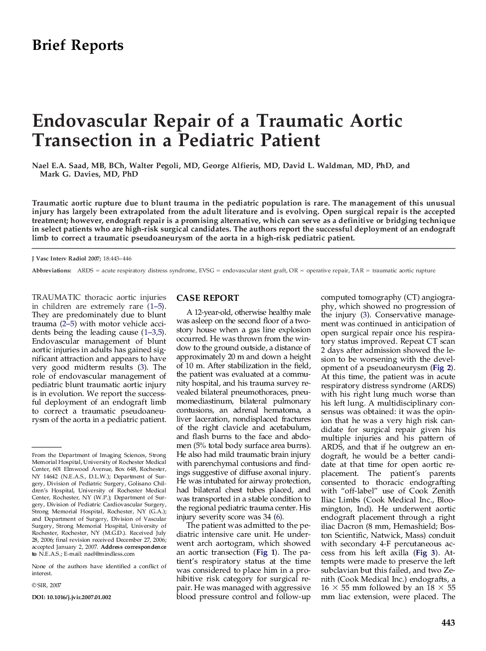 Endovascular Repair of a Traumatic Aortic Transection in a Pediatric Patient