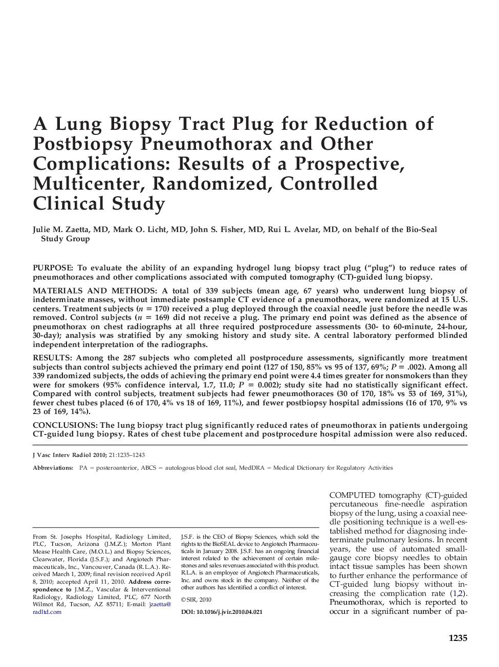 A Lung Biopsy Tract Plug for Reduction of Postbiopsy Pneumothorax and Other Complications: Results of a Prospective, Multicenter, Randomized, Controlled Clinical Study