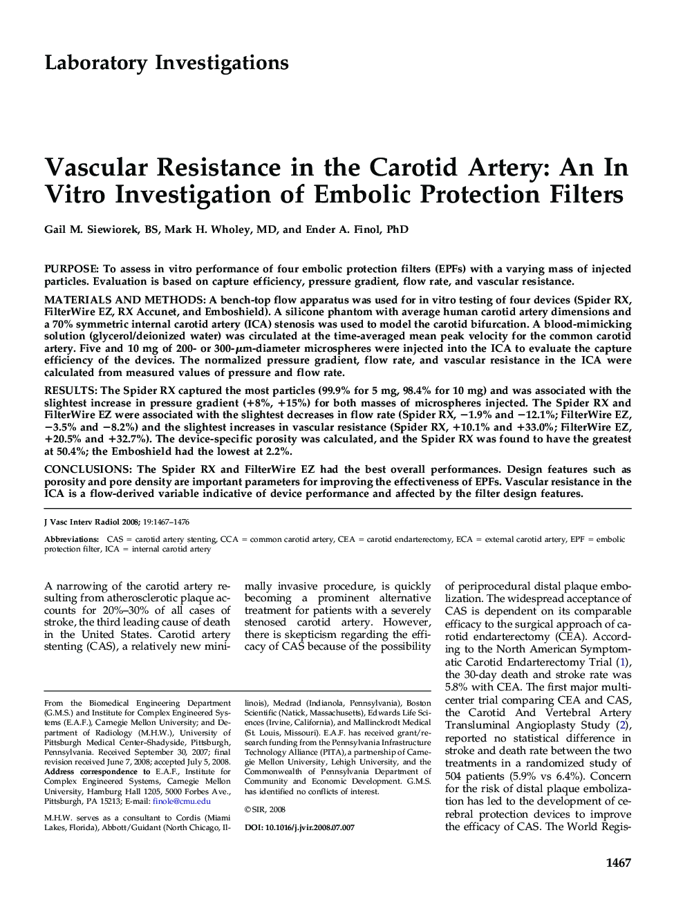 Vascular Resistance in the Carotid Artery: An In Vitro Investigation of Embolic Protection Filters