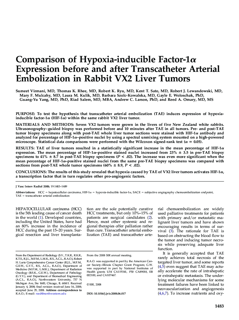 Comparison of Hypoxia-inducible Factor-1Î± Expression before and after Transcatheter Arterial Embolization in Rabbit VX2 Liver Tumors