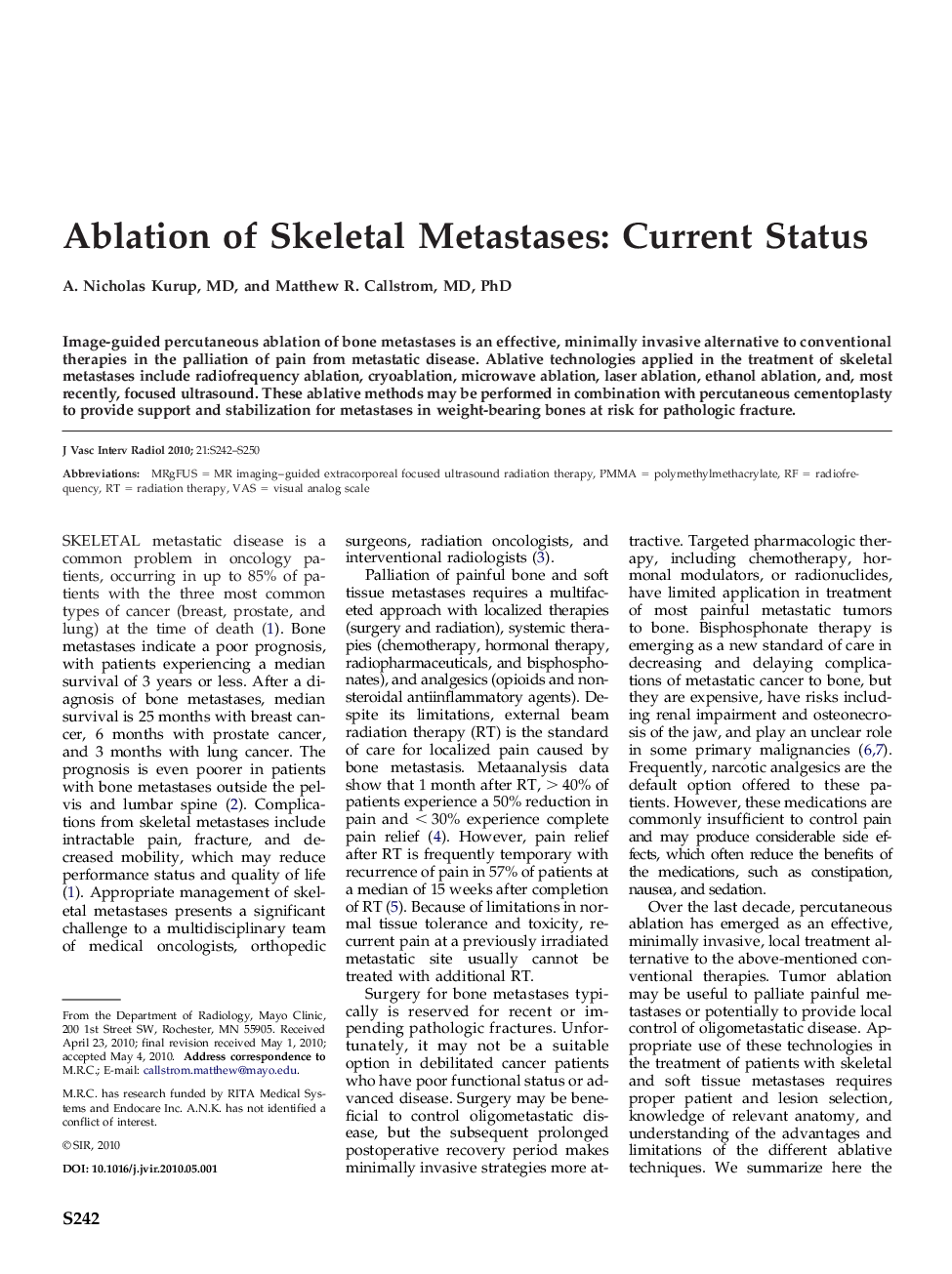 Ablation of Skeletal Metastases: Current Status