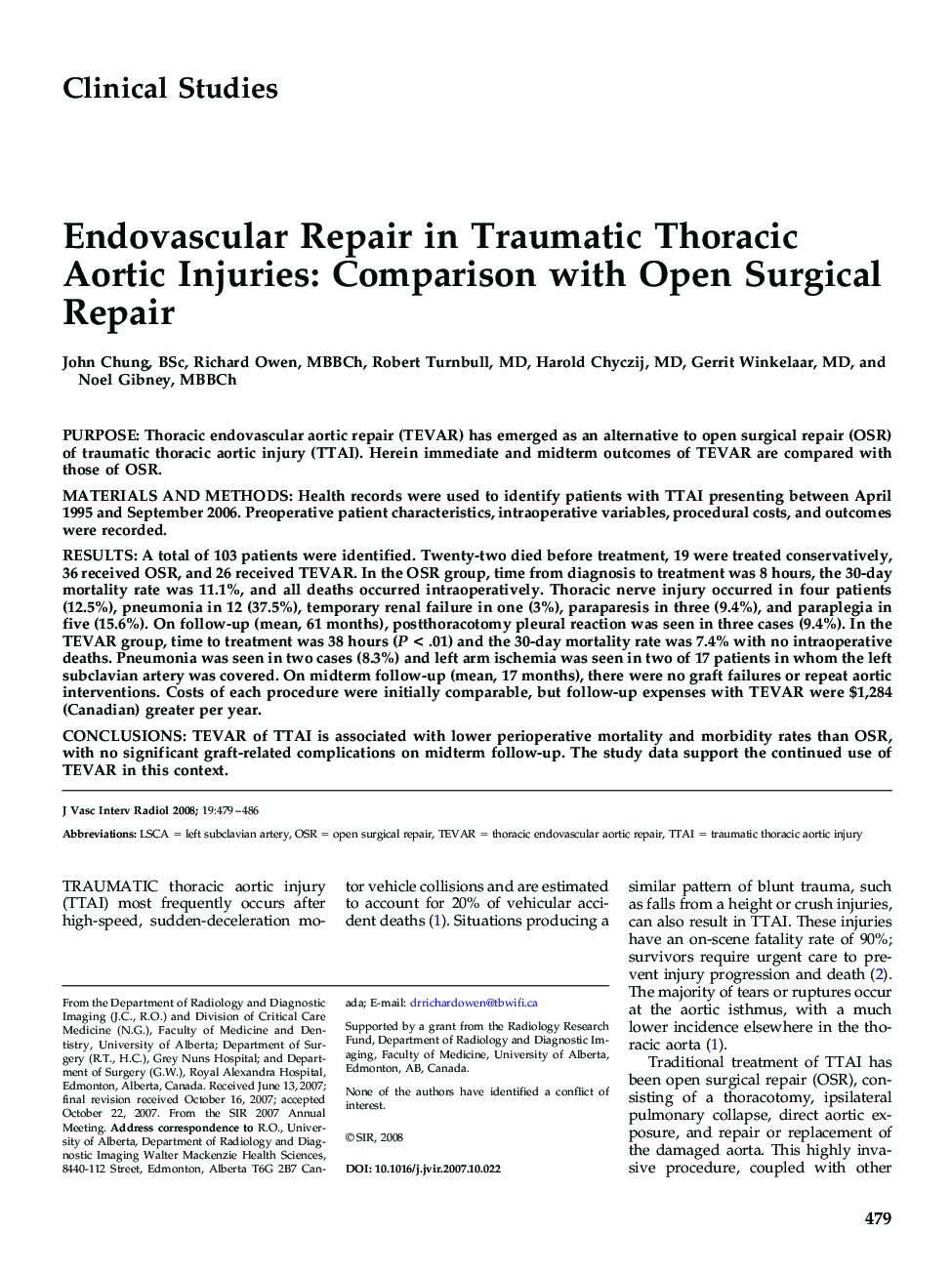 Endovascular Repair in Traumatic Thoracic Aortic Injuries: Comparison with Open Surgical Repair