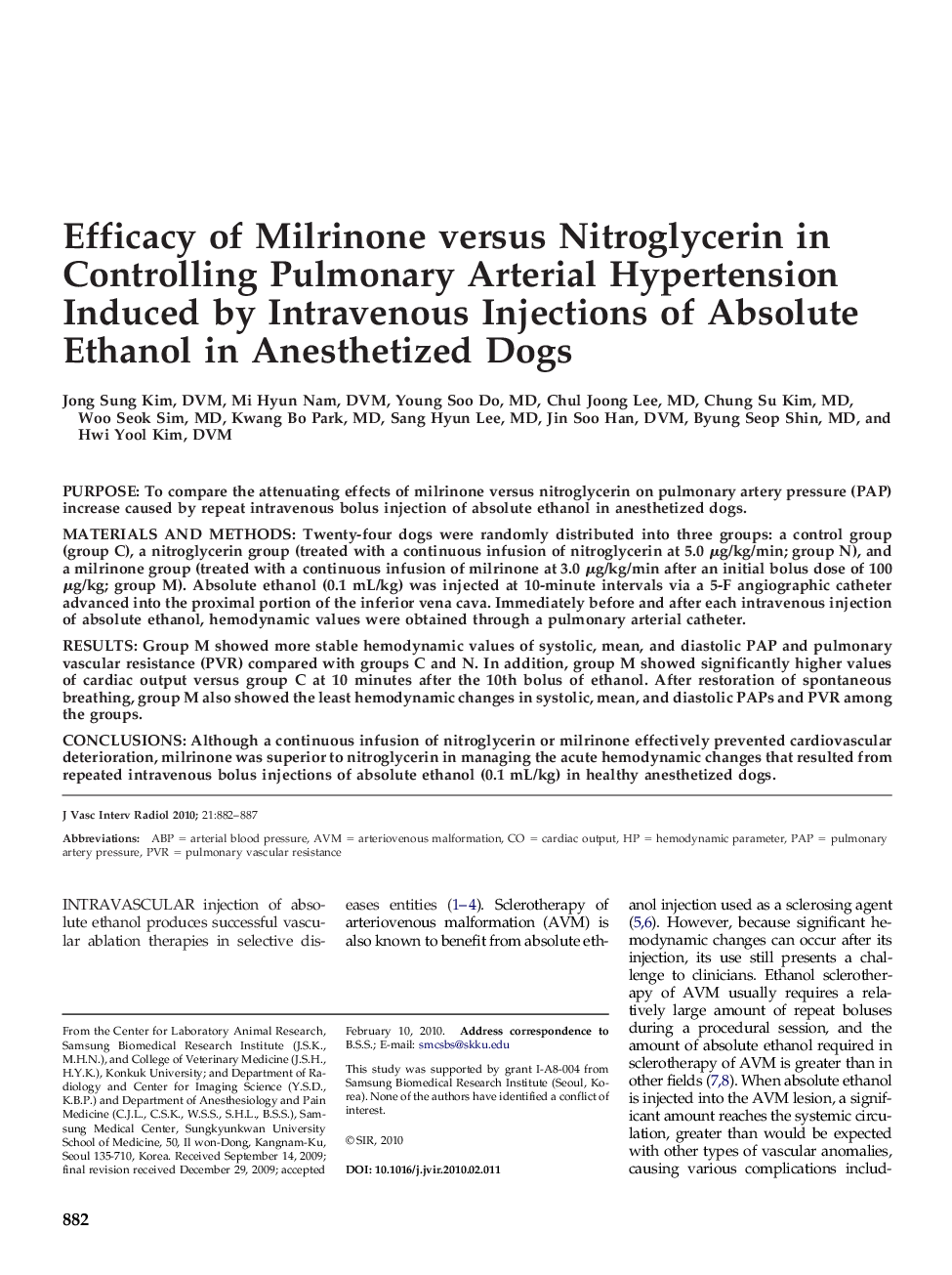 Efficacy of Milrinone versus Nitroglycerin in Controlling Pulmonary Arterial Hypertension Induced by Intravenous Injections of Absolute Ethanol in Anesthetized Dogs