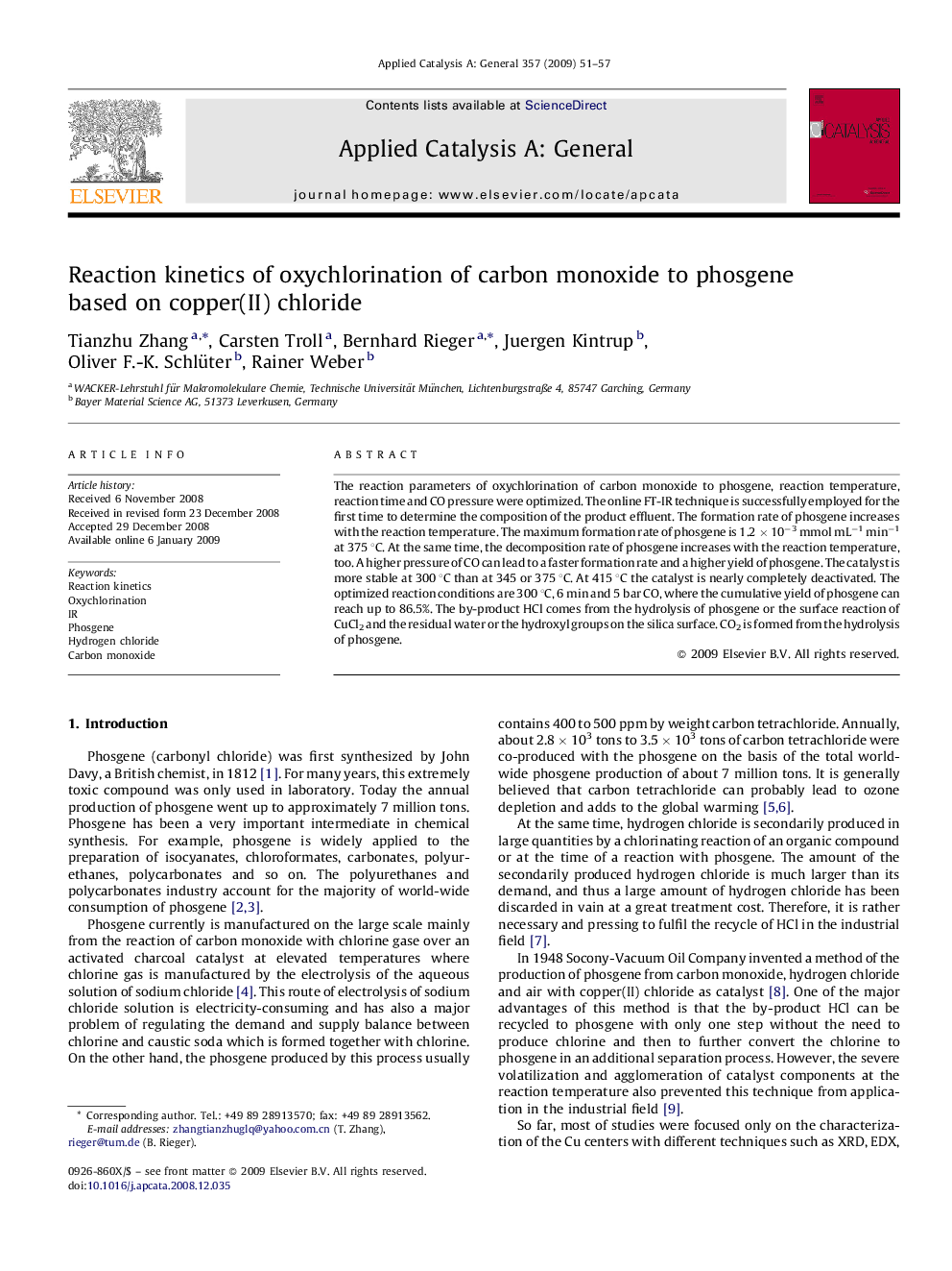 Reaction kinetics of oxychlorination of carbon monoxide to phosgene based on copper(II) chloride