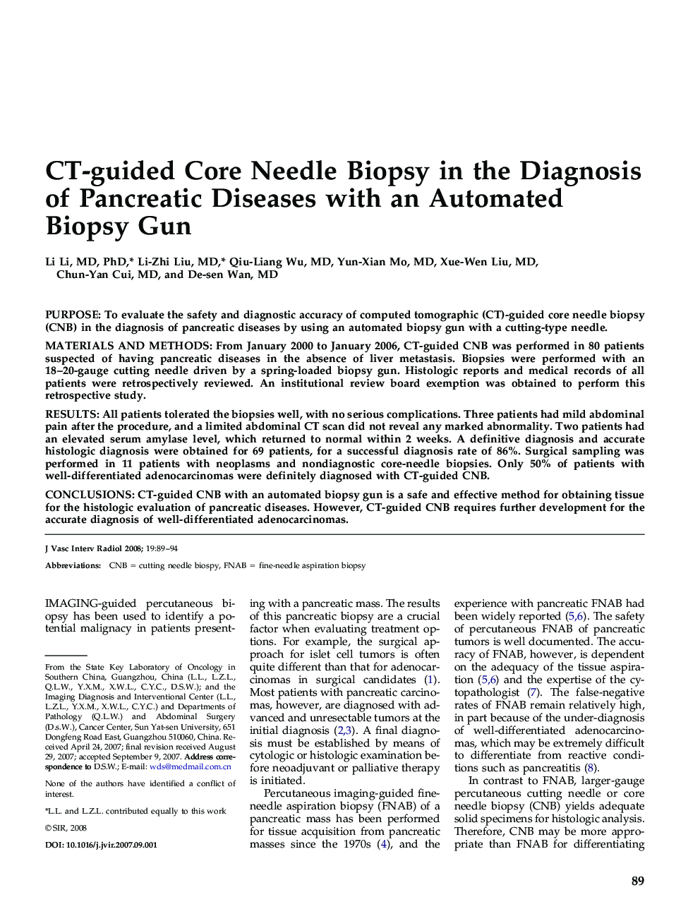 CT-guided Core Needle Biopsy in the Diagnosis of Pancreatic Diseases with an Automated Biopsy Gun