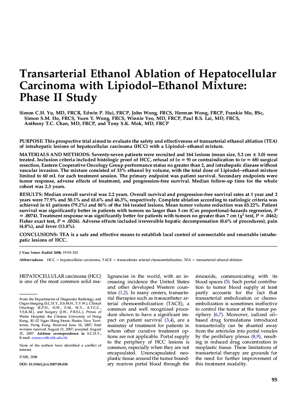 Transarterial Ethanol Ablation of Hepatocellular Carcinoma with Lipiodol-Ethanol Mixture: Phase II Study