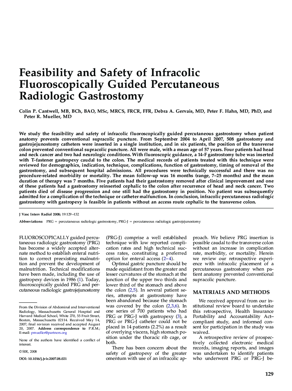 Feasibility and Safety of Infracolic Fluoroscopically Guided Percutaneous Radiologic Gastrostomy